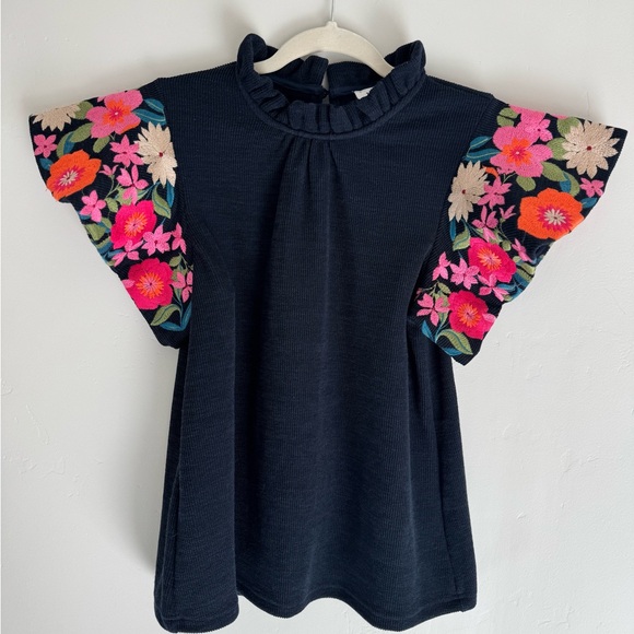 THML Black Rib Knit Tribal Puff Sleeves Embroidered Top. Women’s Small. - Picture 4 of 13